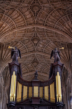 Famous King's college chapel organ and fan vault. University of Cambridge. UK