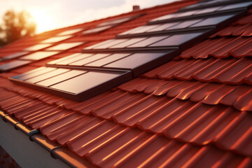 Illustration of new technologies, solar panels used in private small residential buildings, in the style of a multiple filter effect, environmentally friendly energy.
