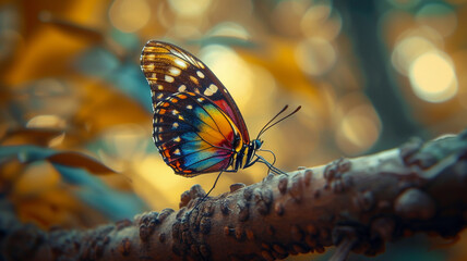 A vibrant butterfly perched delicately on a brown tree branch