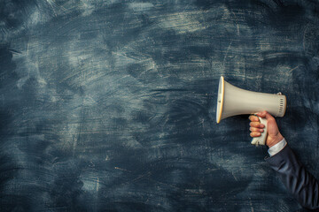 Close up of businessman's hand holding megaphone over chalkboard background, space for text.
