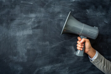 Close up of businessman's hand holding megaphone over chalkboard background, space for text.