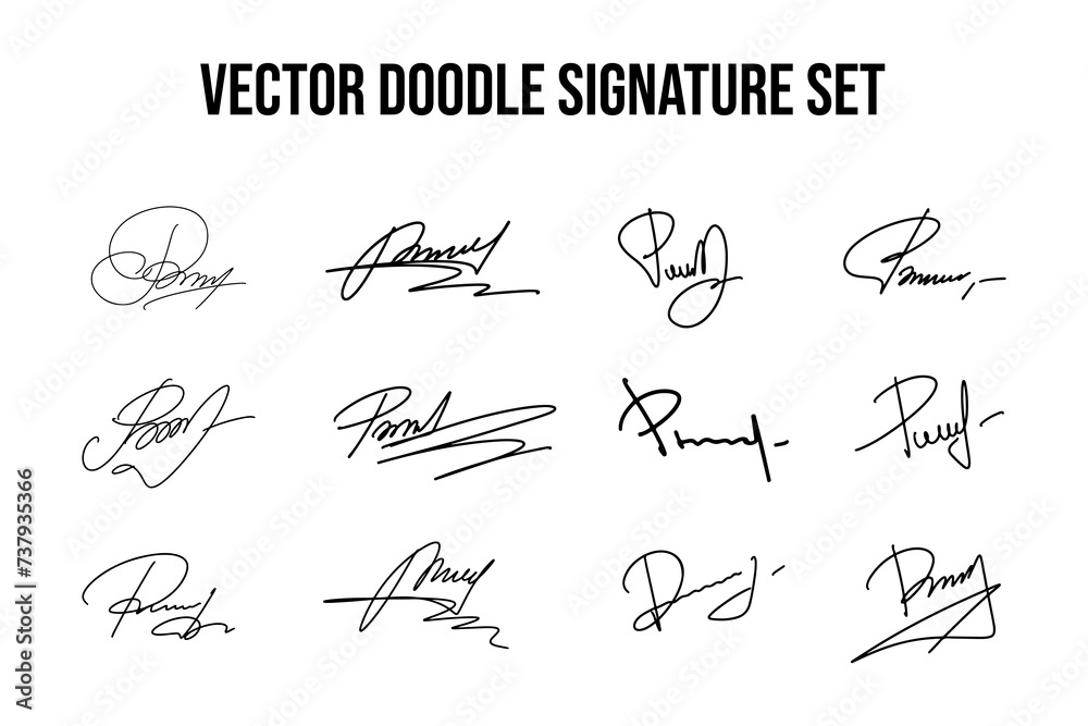 Fototapete handwritten fake signature set. collection of vector fictitious autograph doodles on p letter. scraw