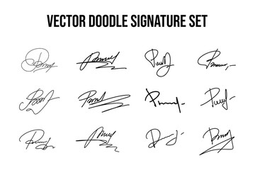 Handwritten fake signature set. Collection of vector fictitious autograph doodles on P letter. Scrawl lettering for business, signing of documents, certificates and contracts. - obrazy, fototapety, plakaty