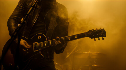 close up of hands of a guitarist playing electric guitar live in a concert - live music show concept