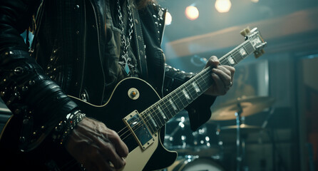 Obraz premium close up of hands of a guitarist playing electric guitar live in a concert - live music show concept