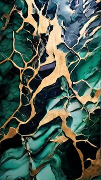 4K video animation of abstract black marble green malachite background with golden veins, fake painted artificial stone texture, marbled surface, digital marbling illustration