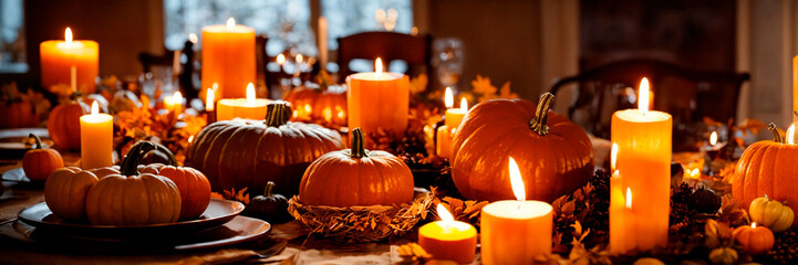 table with pumpkins for Thanksgiving Day. Selective focus. - obrazy, fototapety, plakaty