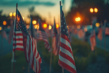 American flags outside at dusk
