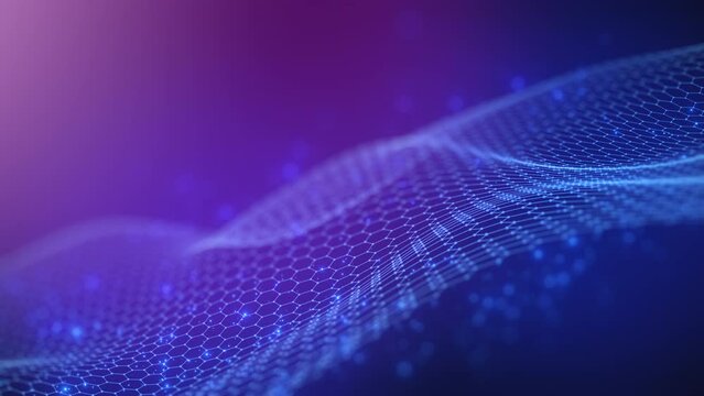 portrays a captivating digital mesh landscape with a vibrant gradient transition from purple to blue, symbolizing advanced connectivity and futuristic digital realms.