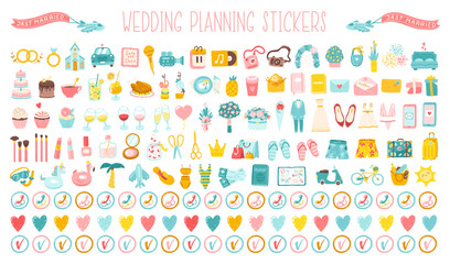 Wedding vector big set of cartoon hand-drawn icons, stickers for planning a holiday. Cute simple illustrations of a wedding dress, costume, flowers and the entire organization of the celebration