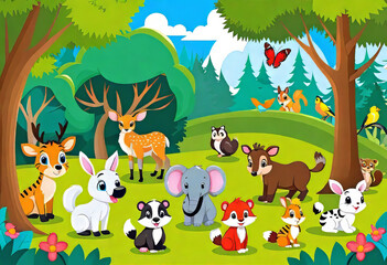 Naklejka premium vector illustration, numerous cute animals in the forest landscape, animal school in nature, animal children playing and learning, cartoon style,