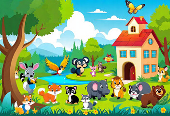 vector illustration, numerous cute animals in the forest landscape, animal school in nature, animal children playing and learning, cartoon style,