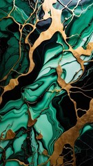 Ai generated illustration of abstract black marble green malachite background with golden veins, fake painted artificial stone texture, marbled surface, digital marbling