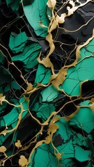 Ai generated illustration of abstract black marble green malachite background with golden veins, fake painted artificial stone texture, marbled surface, digital marbling