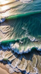 Aerial view waves break on the white sand beach at sunset, and land meets the sea- AI-generated