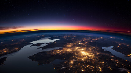 A breathtaking view of the earth from outer space during sunrise or sunset