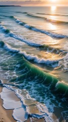 Aerial view waves break on the white sand beach at sunset, and land meets the sea- AI-generated
