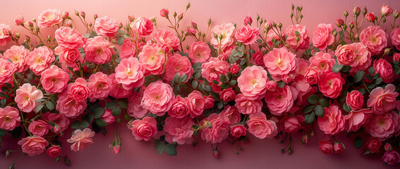 hundreds of pink roses on a flat surface. Beautiful flowers background for wedding scene. Ai