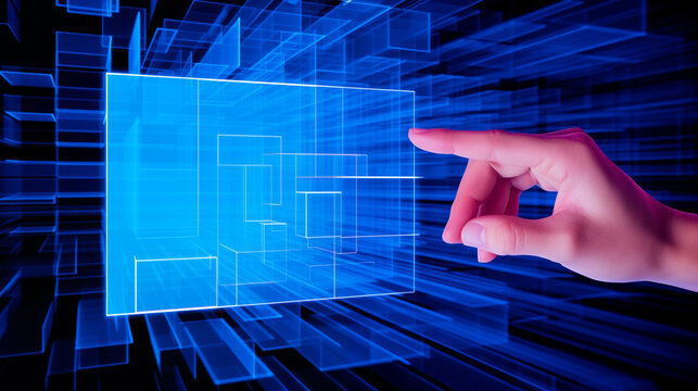 A person's hand is touching and pointing at a floating hologram screen 