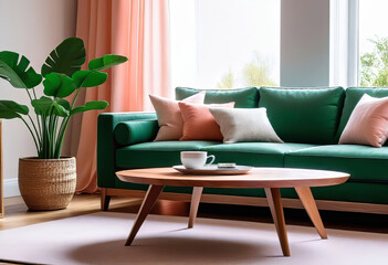 Minimalist living room design with wooden coffee table near the sofa close up. The interior is in fashionable peach, apricot and light green tones,