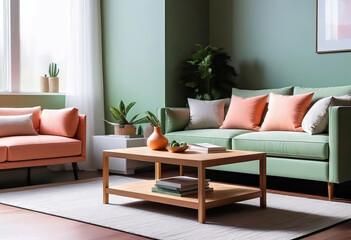 Minimalist living room design with wooden coffee table near the sofa close up. The interior is in fashionable peach, apricot and light green tones,
