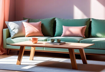 Minimalist living room design with wooden coffee table near the sofa close up. The interior is in fashionable peach, apricot and light green tones,