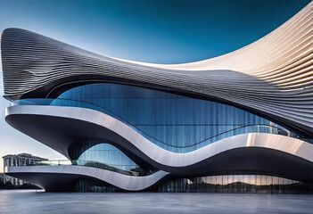 A futuristic striking architectural masterpiece, a concrete building with multiple waves, set in a...