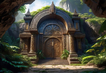 Fantasy illustration, a round entrance in the rock to a magical elven temple in a tropical cliff, a round entrance in the rock, an elven inscription on a huge metal door,