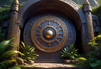 Fantasy illustration, a round entrance in the rock to a magical elven temple in a tropical cliff, a round entrance in the rock, an elven inscription on a huge metal door, - obrazy, fototapety, plakaty