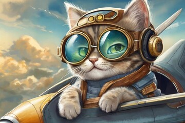 A cute kitten pilot wearing aviator goggles in an airplane