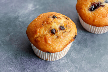 Blueberry Muffin Close Up Photo on Dark Background, Dessert Food Photography