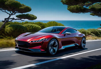 Modern business electric car driving along the seashore at high speed, The car rushes through a beautiful landscape on a bright day, modern automotive technology,