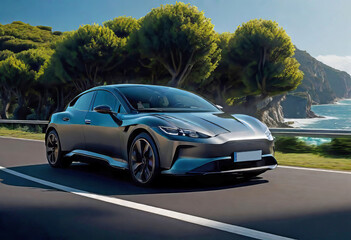 Modern business electric car driving along the seashore at high speed, The car rushes through a...