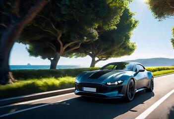 Fototapeta premium Modern business electric car driving along the seashore at high speed, The car rushes through a beautiful landscape on a bright day, modern automotive technology,