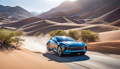 Modern business electric car driving through the desert at high speed, The car rushes through a...
