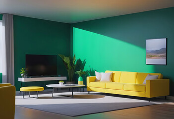 cozy room in the house, cheerful style, room decoration in yellow and green tones, modern and minimalist apartment design,