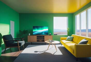 cozy room in the house, cheerful style, room decoration in yellow and green tones, modern and minimalist apartment design,