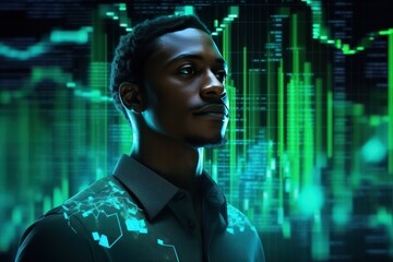 black diverse data scientist looking on screen with visualization of information. Green neon fluorescent display. It technology and AI concept.