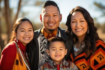 indigenous people day. Choctaw Nation family portrait, smiling on sunny day on native land. - obrazy, fototapety, plakaty