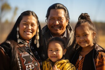 indigenous people day. Choctaw Nation family portrait, smiling on sunny day on native land. - obrazy, fototapety, plakaty