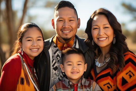 indigenous people day. Choctaw Nation family portrait, smiling on sunny day on native land.
