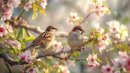 Sparrow birds perched delicately on a tree branch