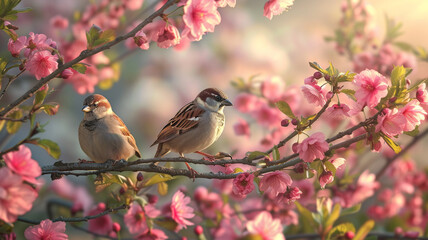 Sparrow birds perched gracefully on a tree branch adorned with delicate flowers in a lush spring garden