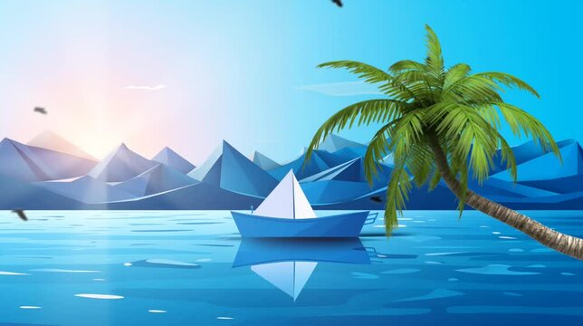 Paper boat in the sea with palm tree. Seamless looping time-lapse 4k video animation background