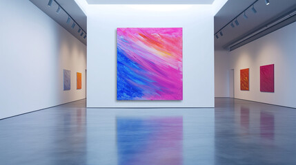 Abstract modern vibrant painting on canvas set against a clean wall. Minimalist art gallery