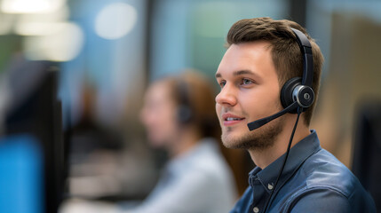 Professional call center male agent with headset in a modern office environment. Customer support and communication