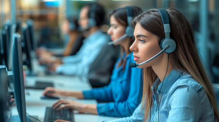 Team of call center agents working diligently, screens and headsets in use, showcasing teamwork and efficiency in a dynamic office setting 
