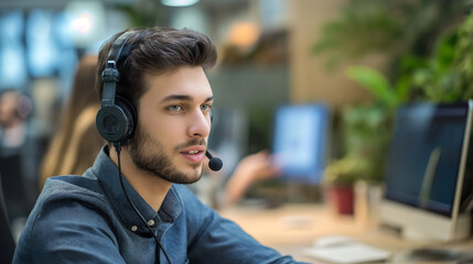 Professional call center male agent with headset in a modern office environment. Customer support and communication