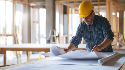 Professional contractor reviewing blueprints on a construction site, focus on expertise and planning, in a dynamic and active building environment