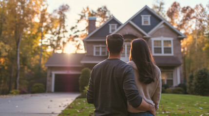 Prospective homeowners or a young couple looking at a house. 'Rent to Own' concept 